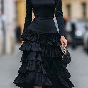 NWT Mooyius elegant ruffled mock turtleneck dress.